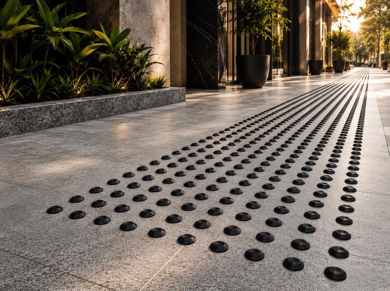 Tactile ground surface indicators installed at a commercial building entrance in Sydney